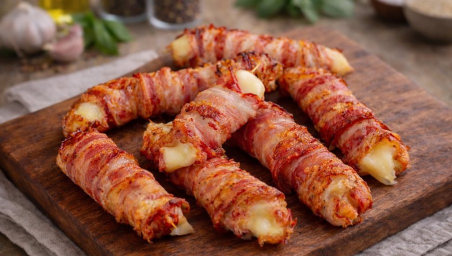 ŠTAPIĆI SA MOCARELOM UMOTANI U SLANINU:  Hrskavo spolja, sočno iznutra!