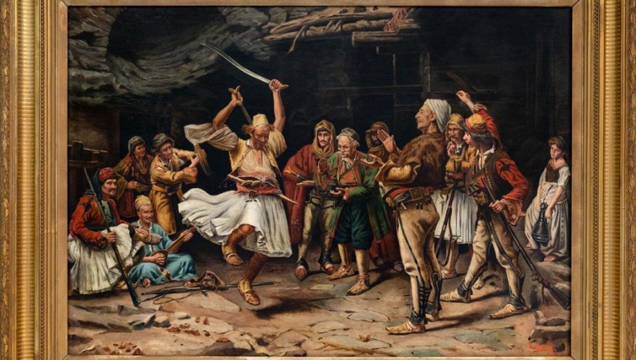 Replika Jovanovićeve slike „Igra mačeva“ sa potpisom Kirjakosa Souliotisa na aukciji u Atini